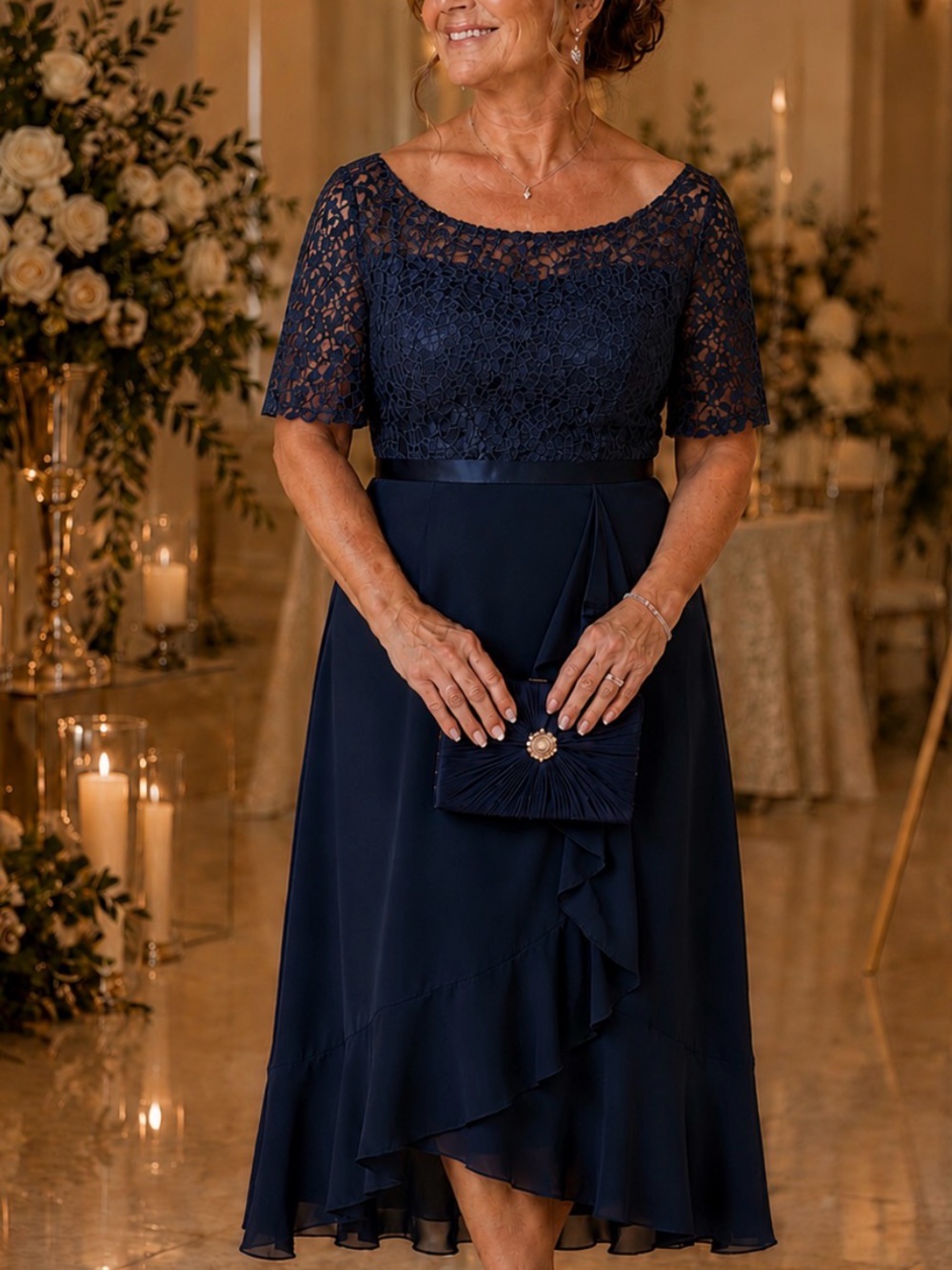 Miusol Navy Lace Midi Dress with Ruffle Front